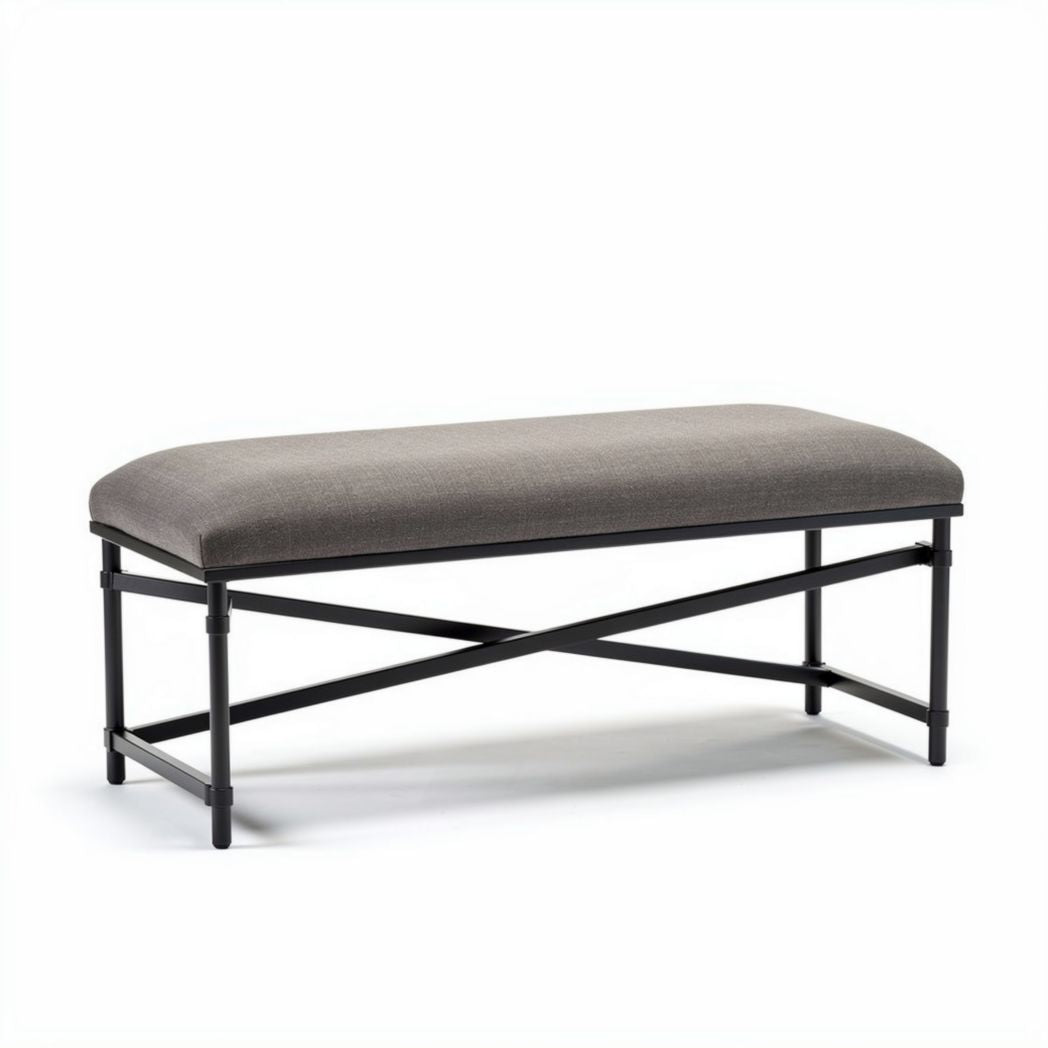 Sitzbank mit gepolsterter Oberfläche aus grauem Stoff und schwarzem Gestell 100 x 40 x 40cm
