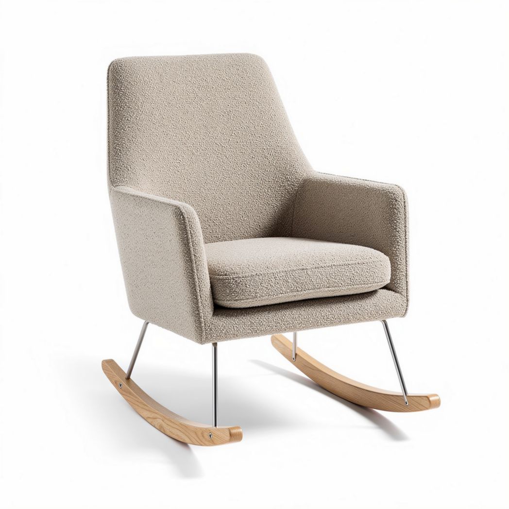 Schaukelstuhl aus beige glattem Textil mit Metallgestell und Holzfüßen 70 x 70 x 90cm