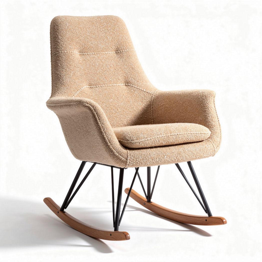 Schaukelstuhl aus bouclé-stoff in beige mit schwarzem metallgestell 70 x 65 x 90cm